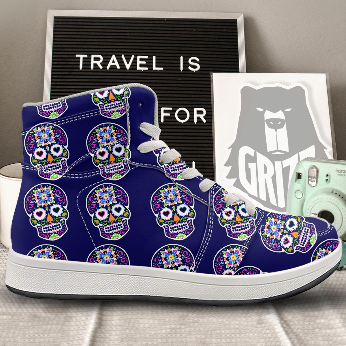 Sugar Skull Teal Pink Print Pattern High Top Sneakers-grizzshop