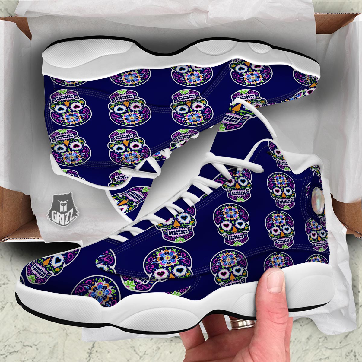 Sugar Skull Teal Pink Print Pattern White Basketball Shoes-grizzshop
