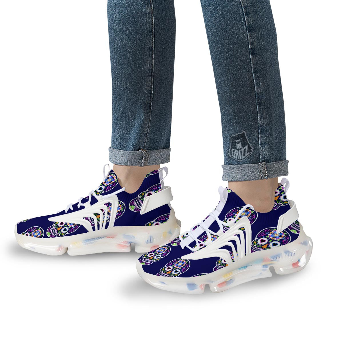Sugar Skull Teal Pink Print Pattern White Gym Shoes-grizzshop