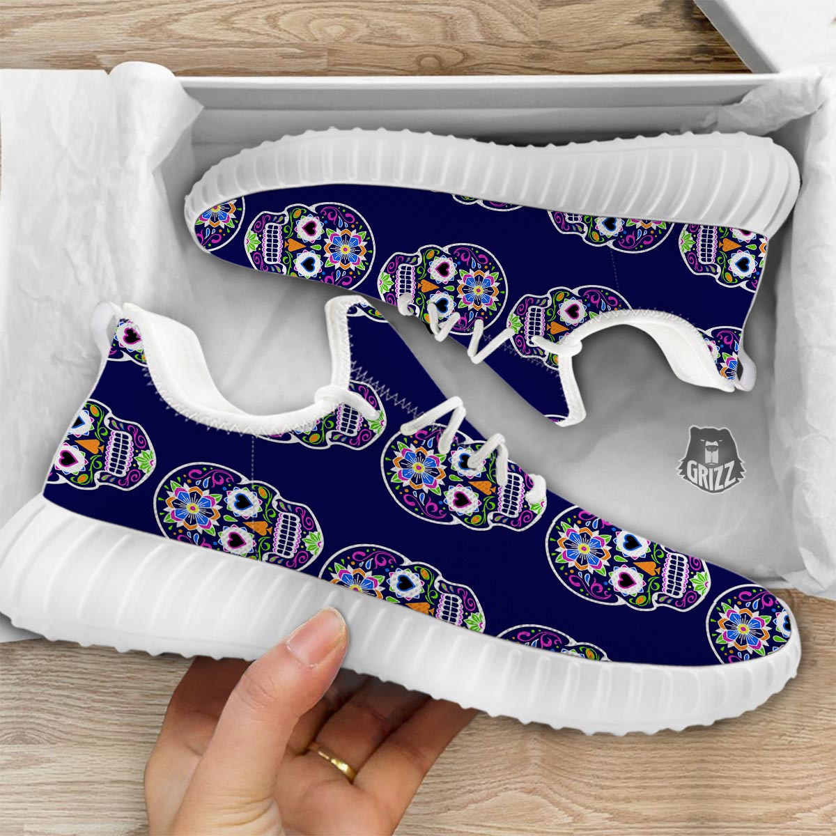 Sugar Skull Teal Pink Print Pattern White Walking Shoes-grizzshop