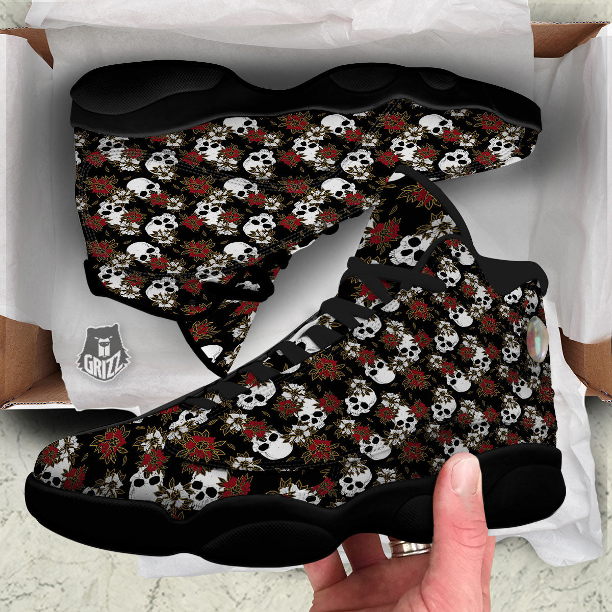 Sugar Skull White And Red Print Pattern Black Basketball Shoes-grizzshop