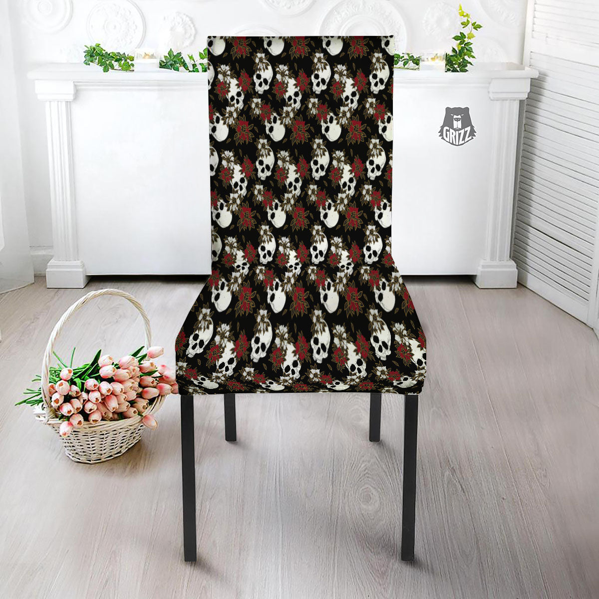 Sugar Skull White And Red Print Pattern Dining Chair Slipcover-grizzshop