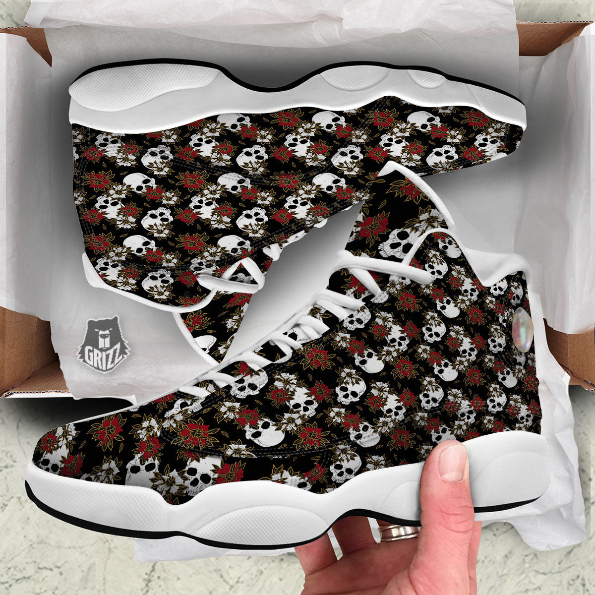 Sugar Skull White And Red Print Pattern White Basketball Shoes-grizzshop