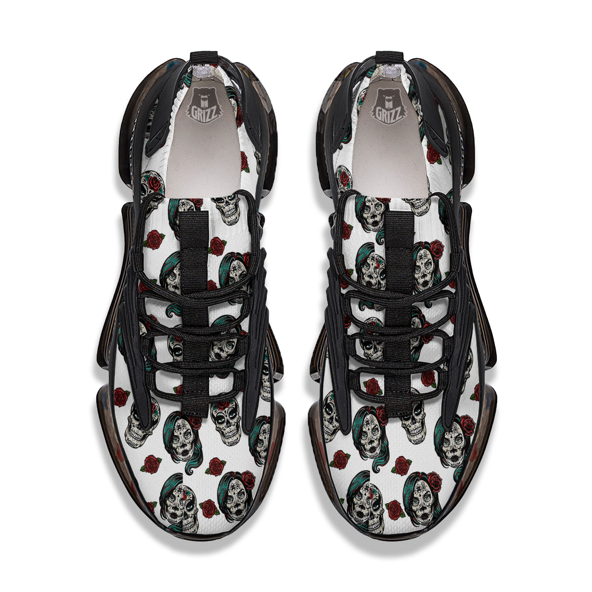 Sugar Skull White Floral Print Pattern Black Gym Shoes-grizzshop