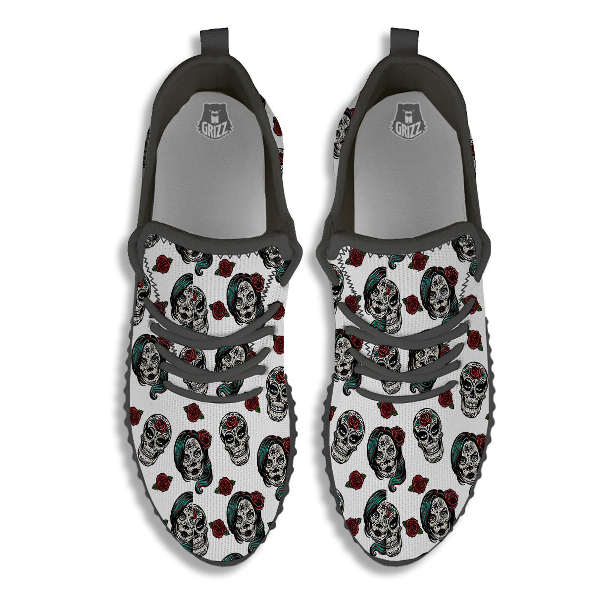 Sugar Skull White Floral Print Pattern Black Walking Shoes-grizzshop