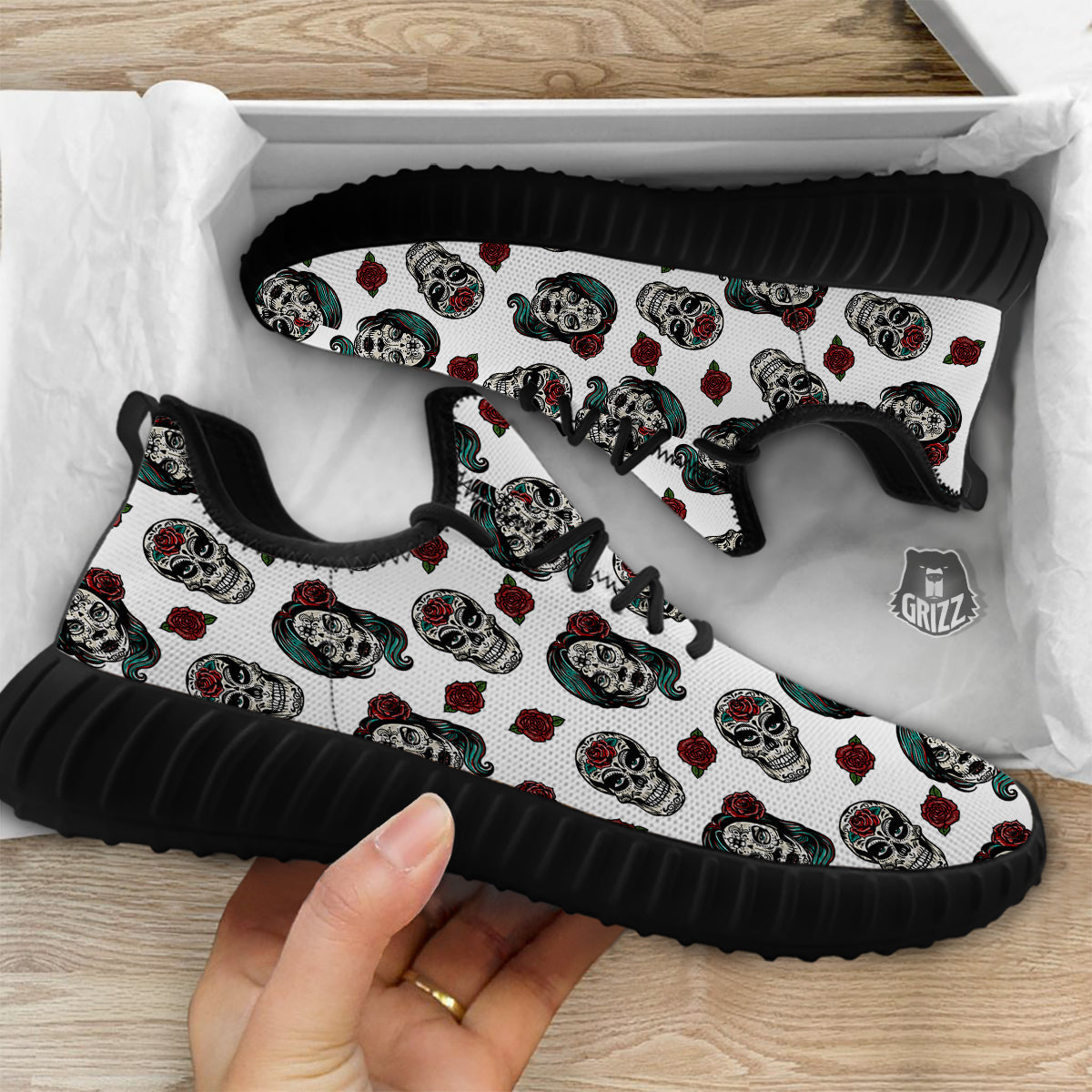Sugar Skull White Floral Print Pattern Black Walking Shoes-grizzshop