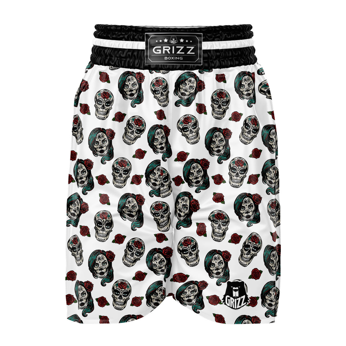 Sugar Skull White Floral Print Pattern Boxing Shorts-grizzshop