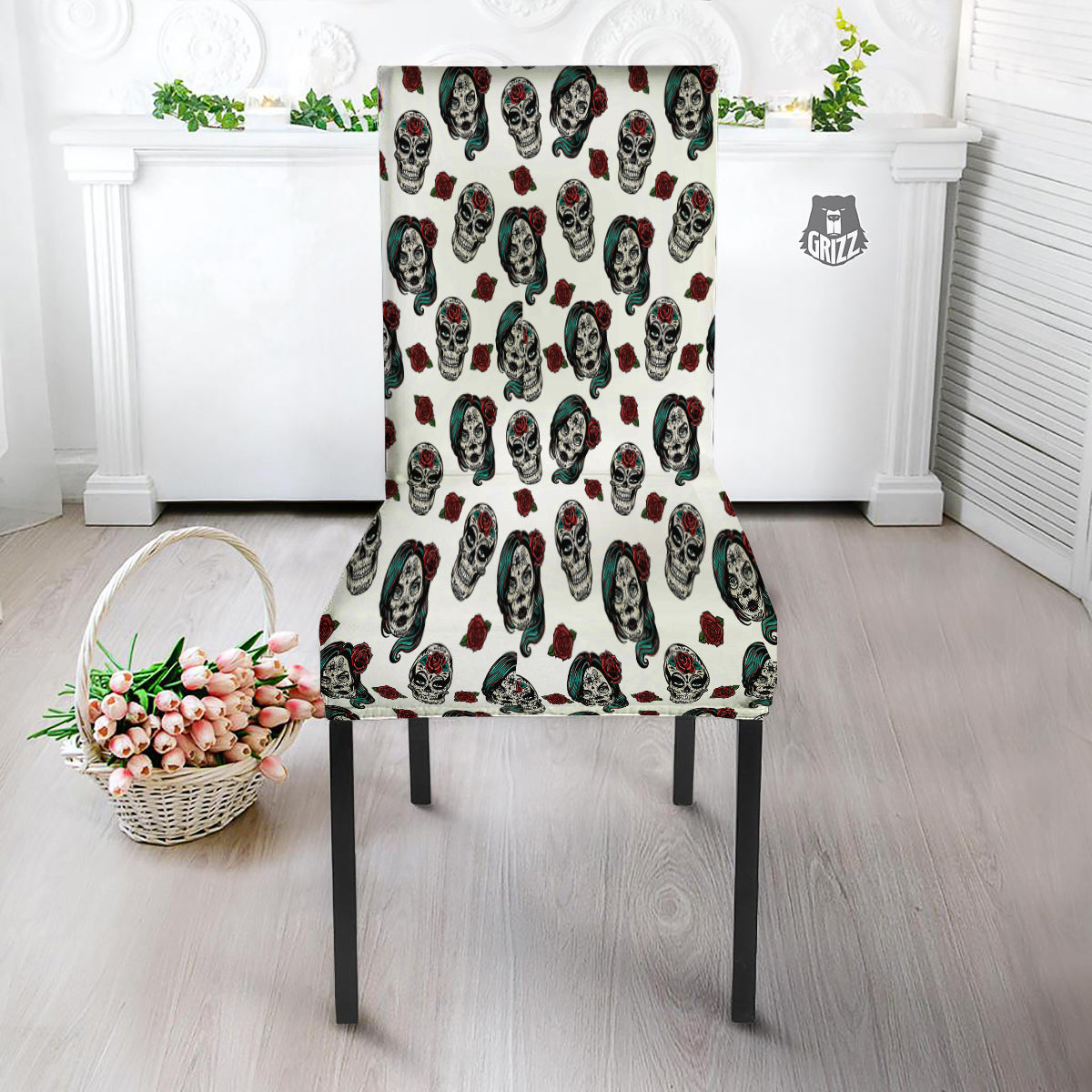 Sugar Skull White Floral Print Pattern Dining Chair Slipcover-grizzshop