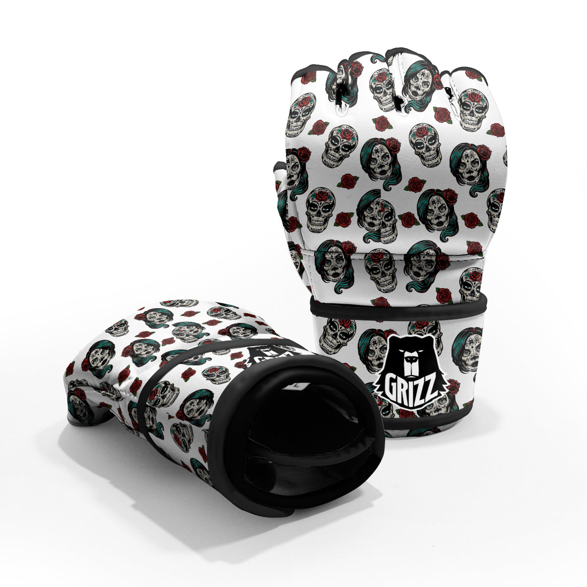 Sugar Skull White Floral Print Pattern MMA Gloves-grizzshop