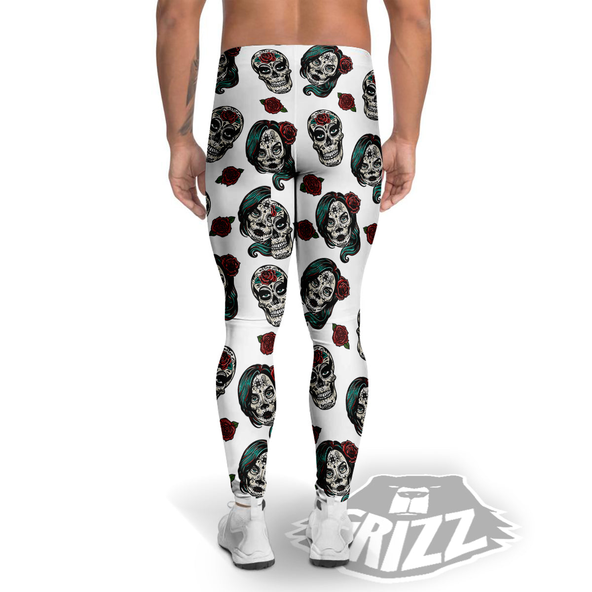 Sugar Skull White Floral Print Pattern Men's Leggings-grizzshop