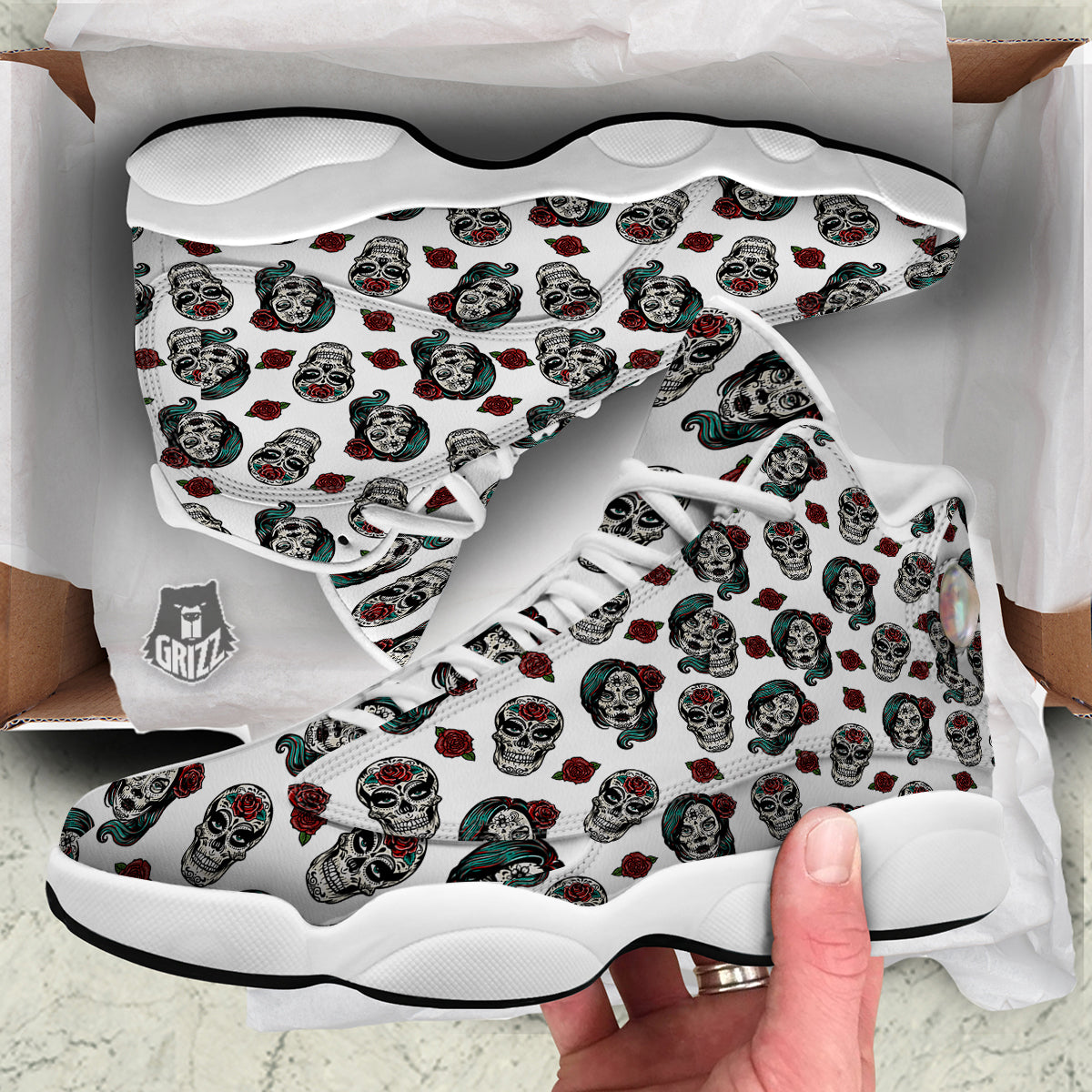 Sugar Skull White Floral Print Pattern White Basketball Shoes-grizzshop