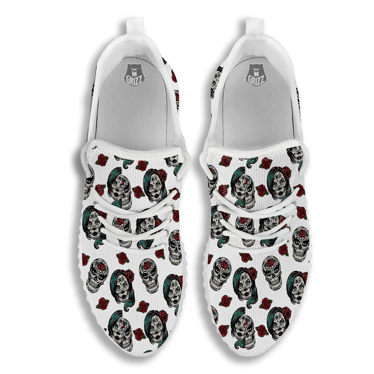 Sugar Skull White Floral Print Pattern White Walking Shoes-grizzshop