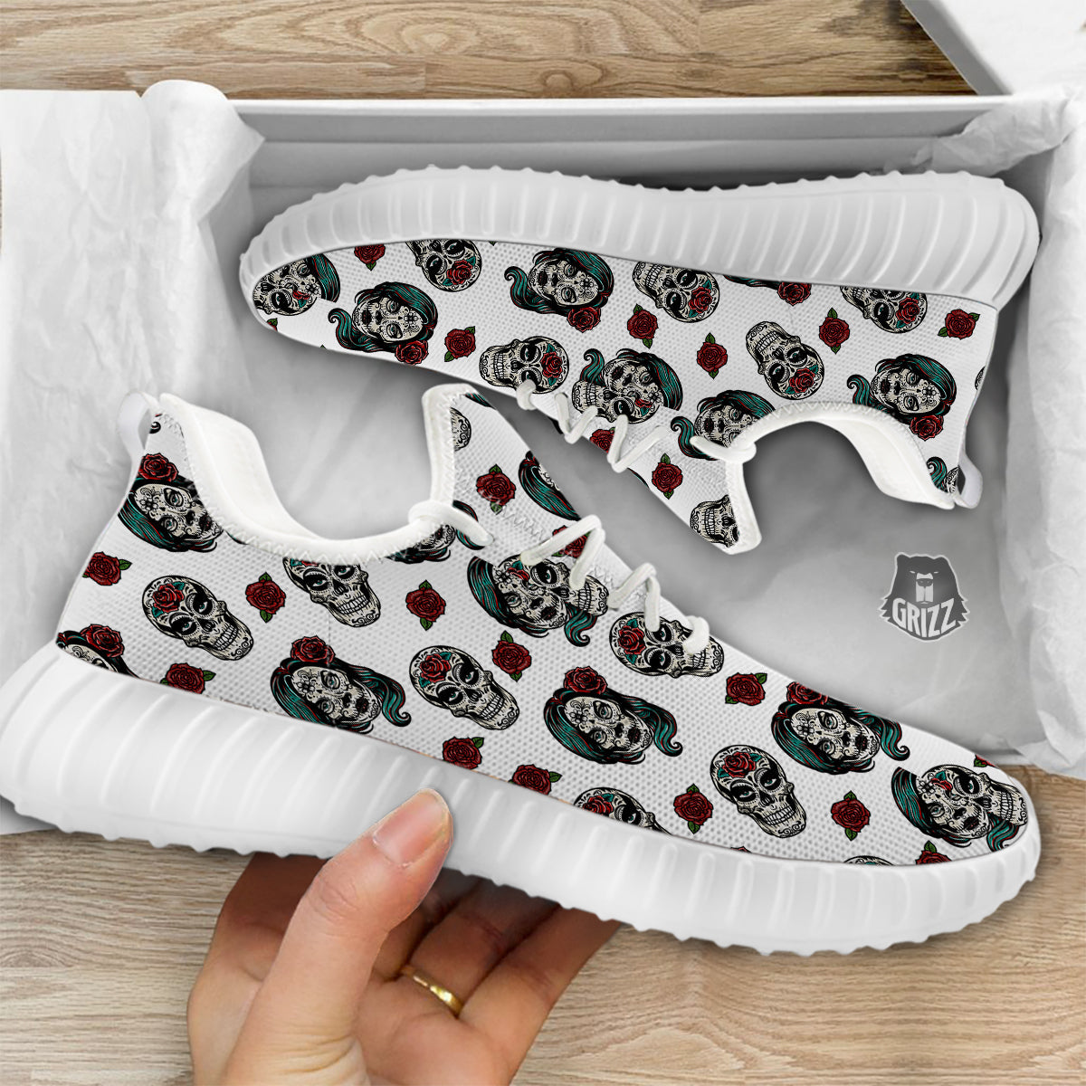Sugar Skull White Floral Print Pattern White Walking Shoes-grizzshop