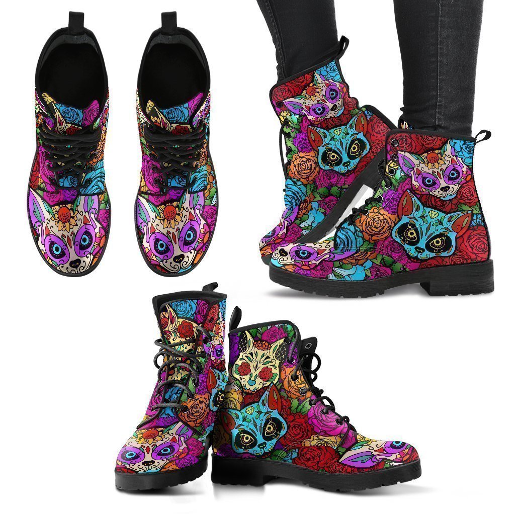 Sugar Skulls Cat Women's Leather Boots-grizzshop