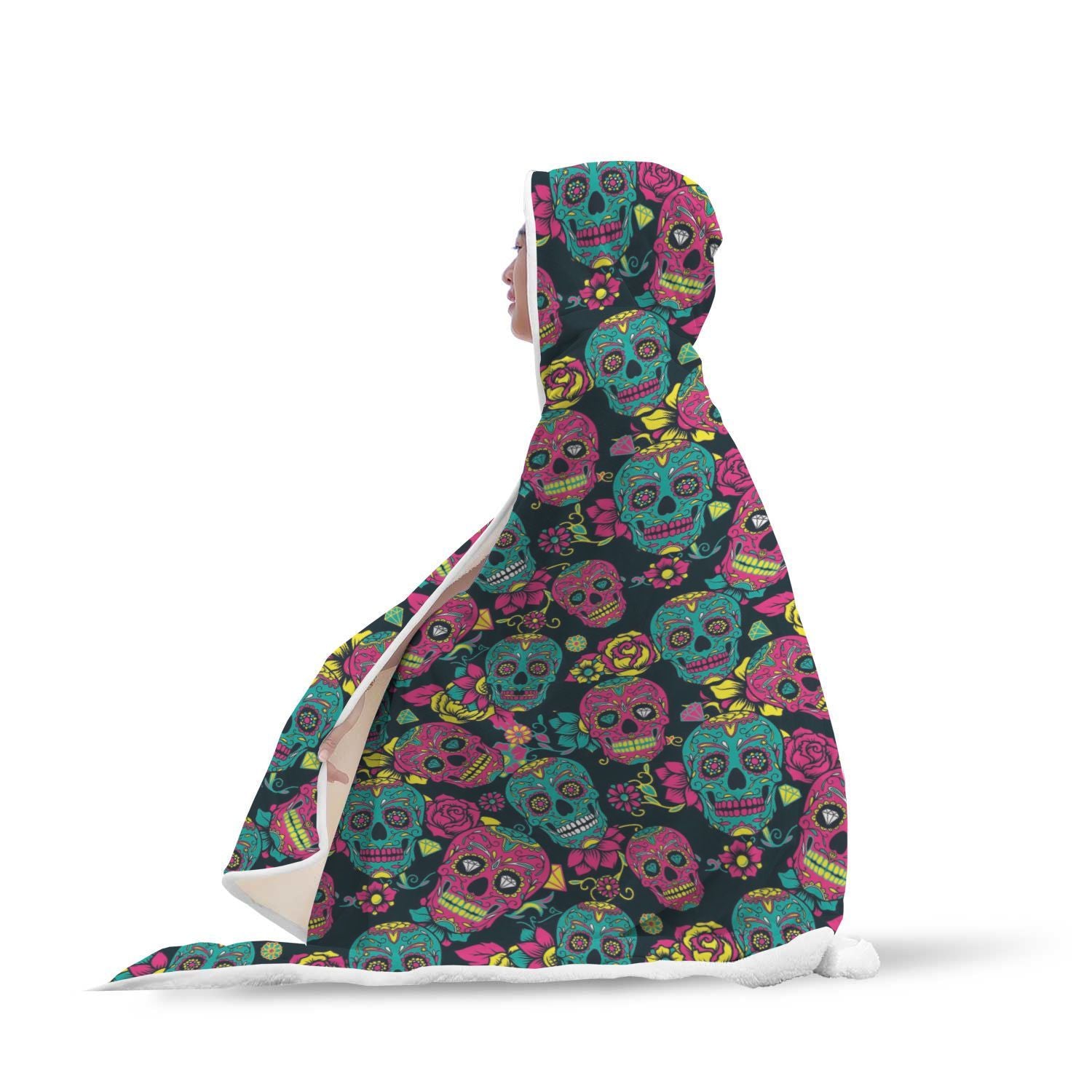 Sugar Skull Girly Skeleton Floral Pattern Print Hooded Blanket-grizzshop