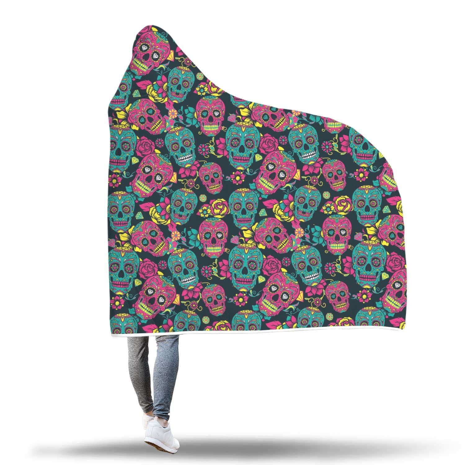 Sugar Skull Girly Skeleton Floral Pattern Print Hooded Blanket-grizzshop