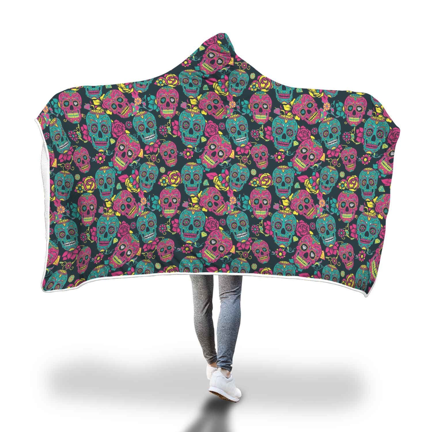 Sugar Skull Girly Skeleton Floral Pattern Print Hooded Blanket-grizzshop
