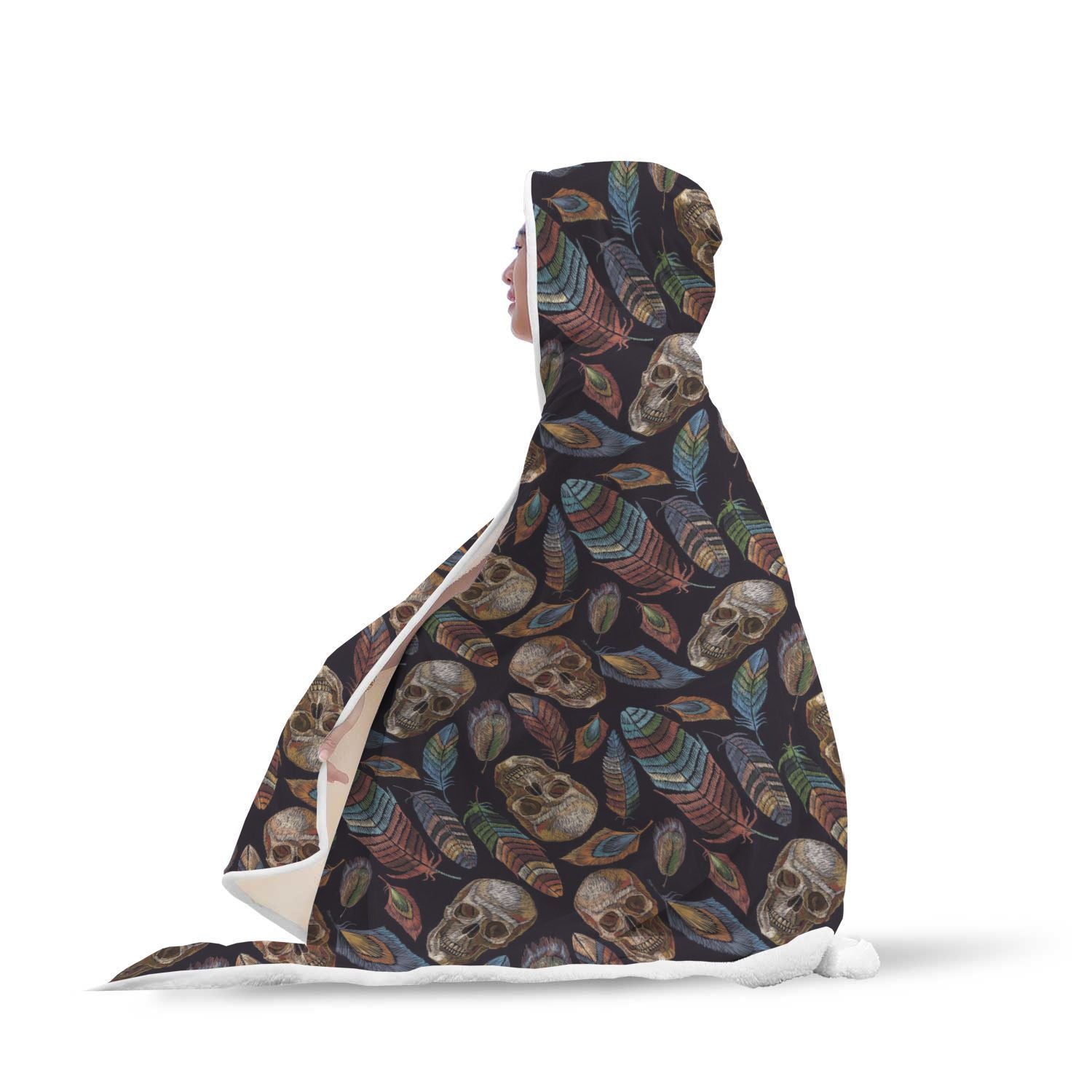 Sugar Skull Skeleton Girly Feather Boho Pattern Print Hooded Blanket-grizzshop
