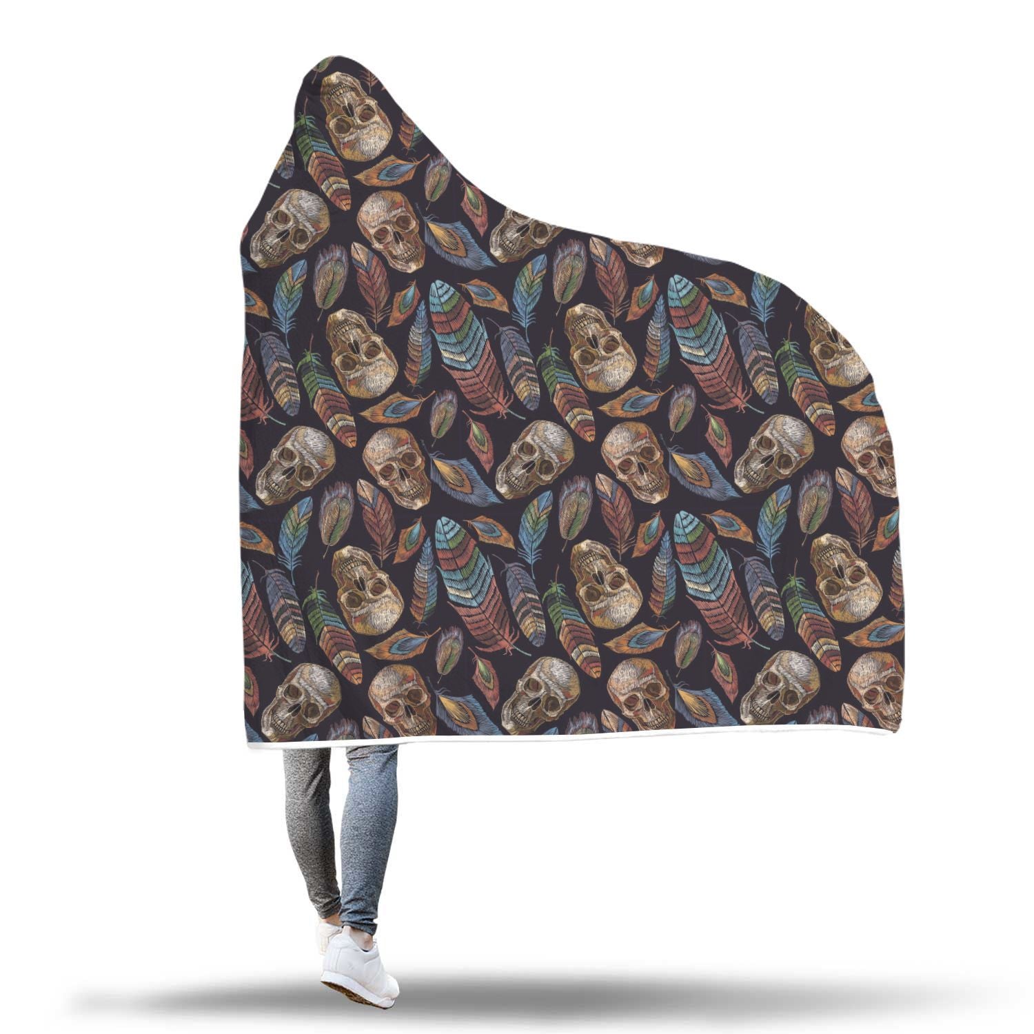 Sugar Skull Skeleton Girly Feather Boho Pattern Print Hooded Blanket-grizzshop