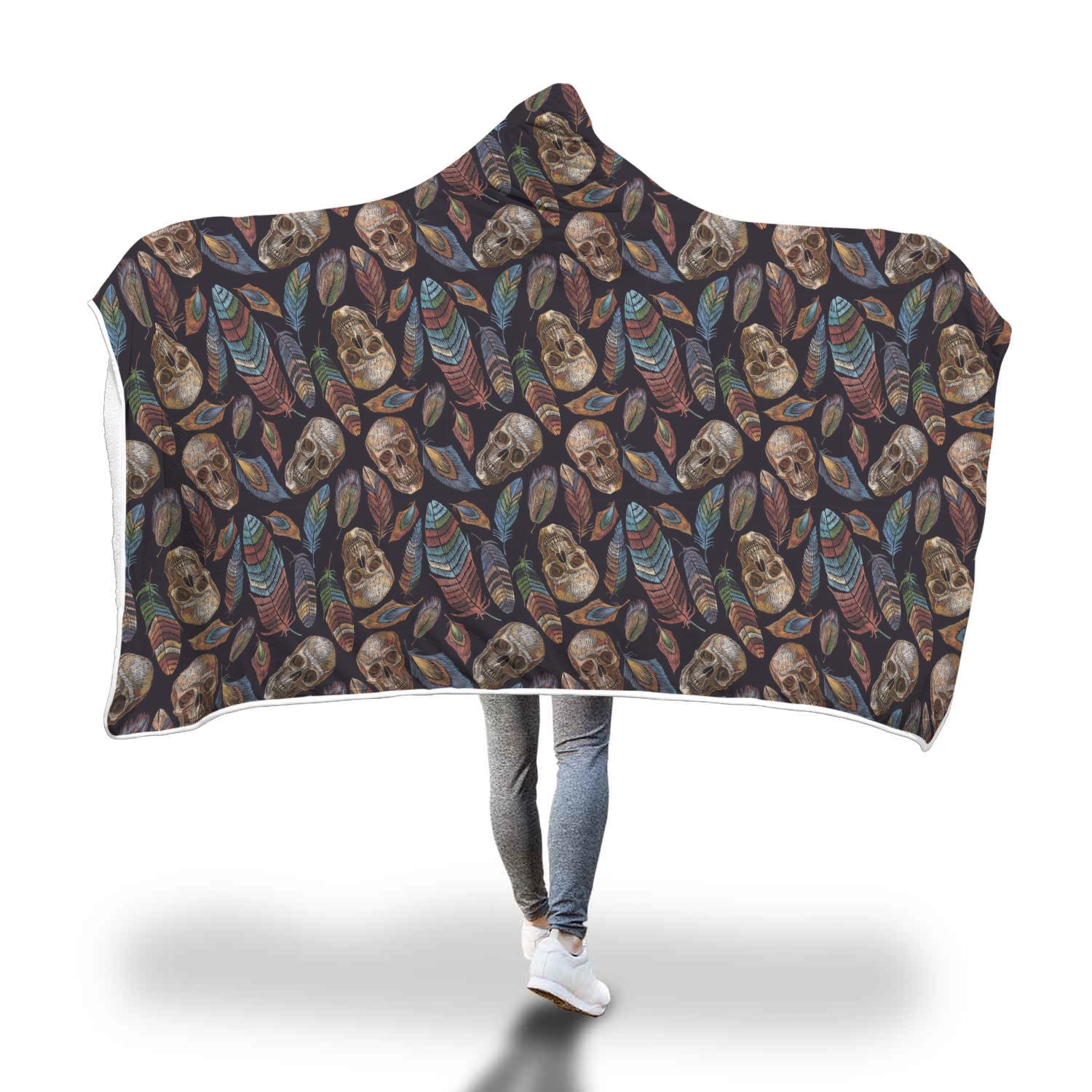 Sugar Skull Skeleton Girly Feather Boho Pattern Print Hooded Blanket-grizzshop