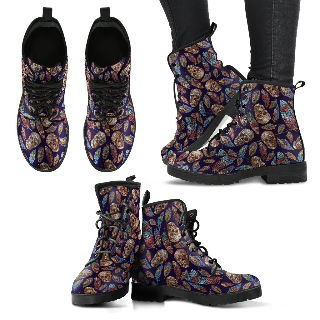 Sugar Skull Skeleton Girly Feather Boho Pattern Print Men Women Leather Boots-grizzshop