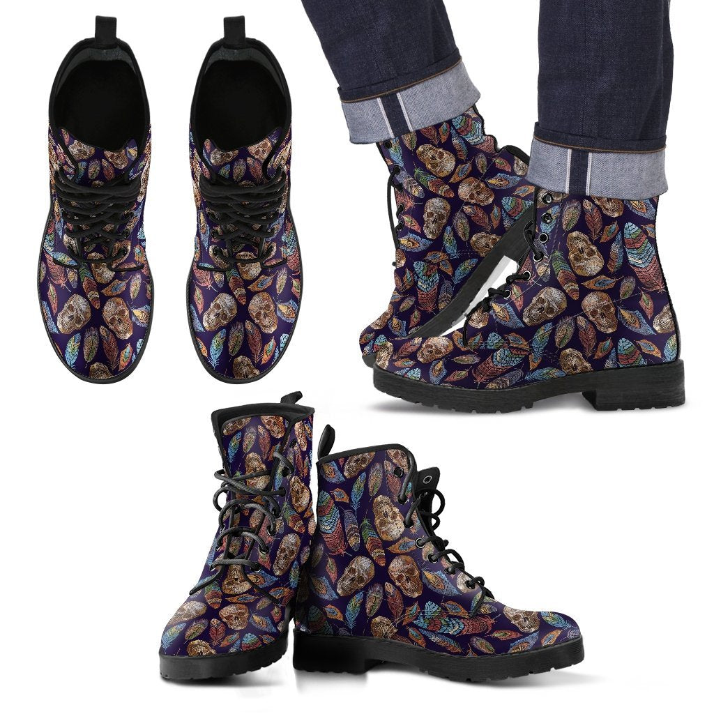 Sugar Skull Skeleton Girly Feather Boho Pattern Print Men Women Leather Boots-grizzshop
