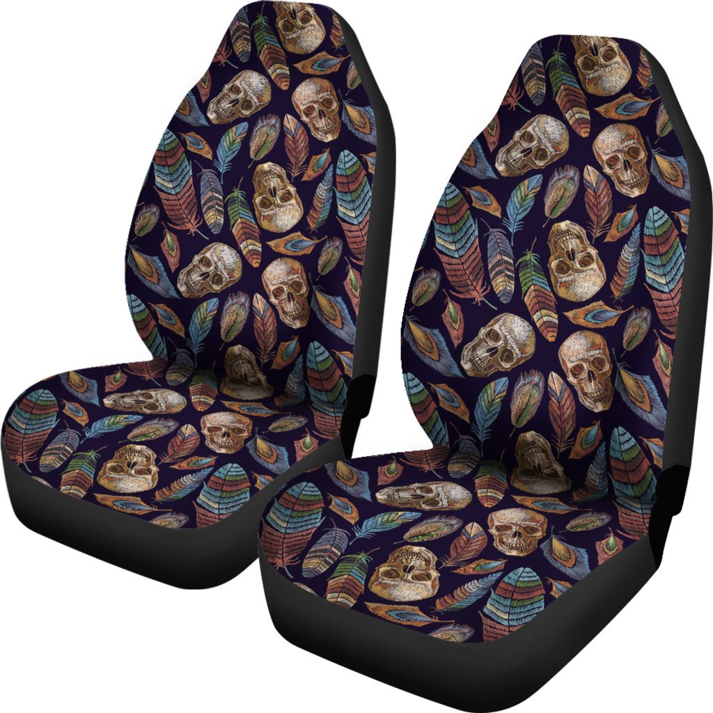 Sugar Skull Skeleton Girly Feather Boho Pattern Print Universal Fit Car Seat Cover-grizzshop
