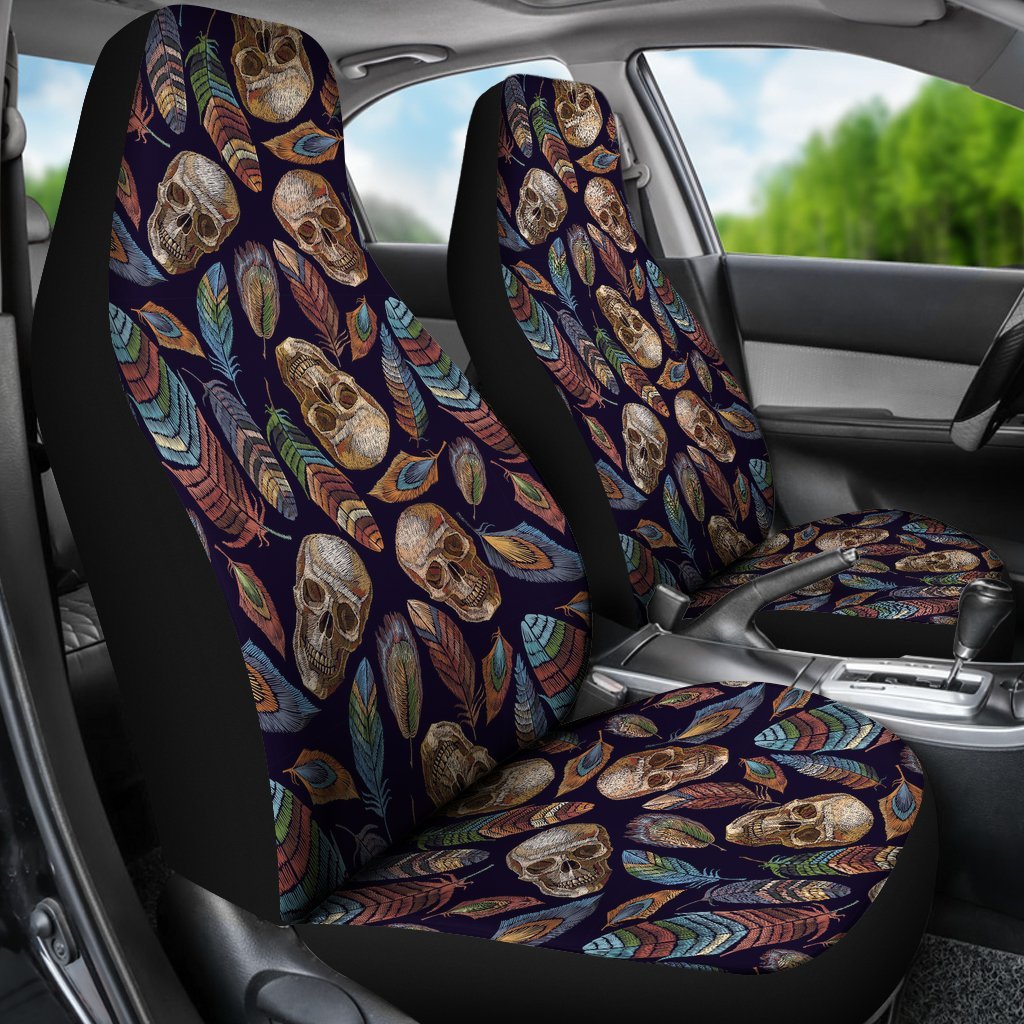 Sugar Skull Skeleton Girly Feather Boho Pattern Print Universal Fit Car Seat Cover-grizzshop