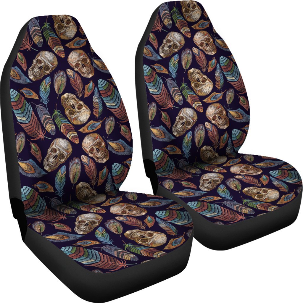 Sugar Skull Skeleton Girly Feather Boho Pattern Print Universal Fit Car Seat Cover-grizzshop