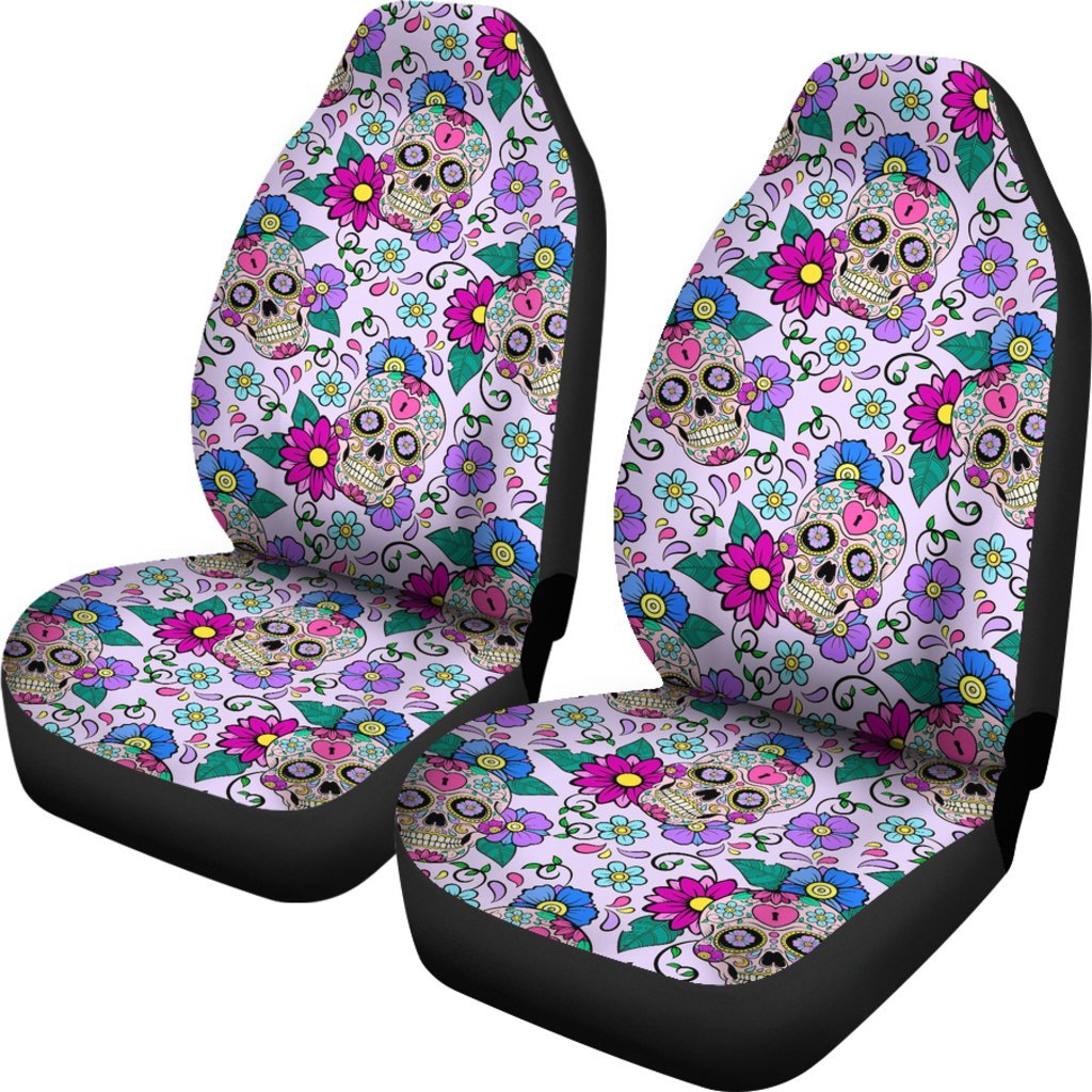 Sugar Skull Skeleton Girly Floral Pattern Print Universal Fit Car Seat Cover-grizzshop