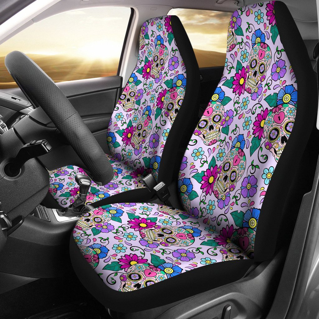 Sugar Skull Skeleton Girly Floral Pattern Print Universal Fit Car Seat Cover-grizzshop