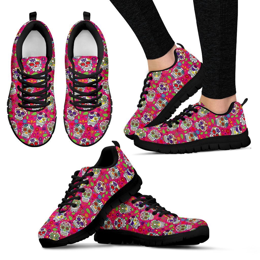 Sugar Skull Skeleton Girly Floral Pirate Pattern Print Black Sneaker Shoes For Men Women-grizzshop