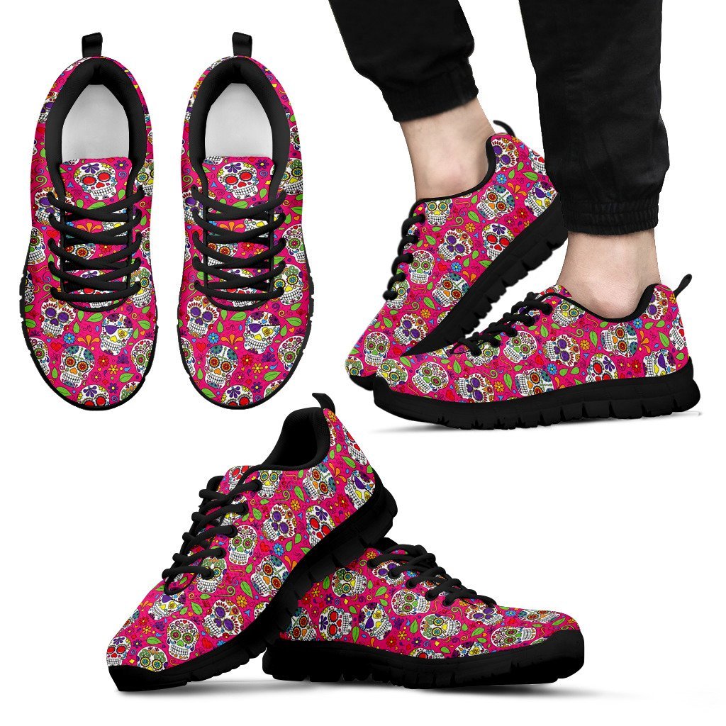 Sugar Skull Skeleton Girly Floral Pirate Pattern Print Black Sneaker Shoes For Men Women-grizzshop