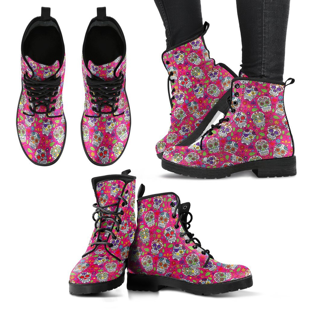 Sugar Skull Skeleton Girly Floral Pirate Pattern Print Men Women Leather Boots-grizzshop