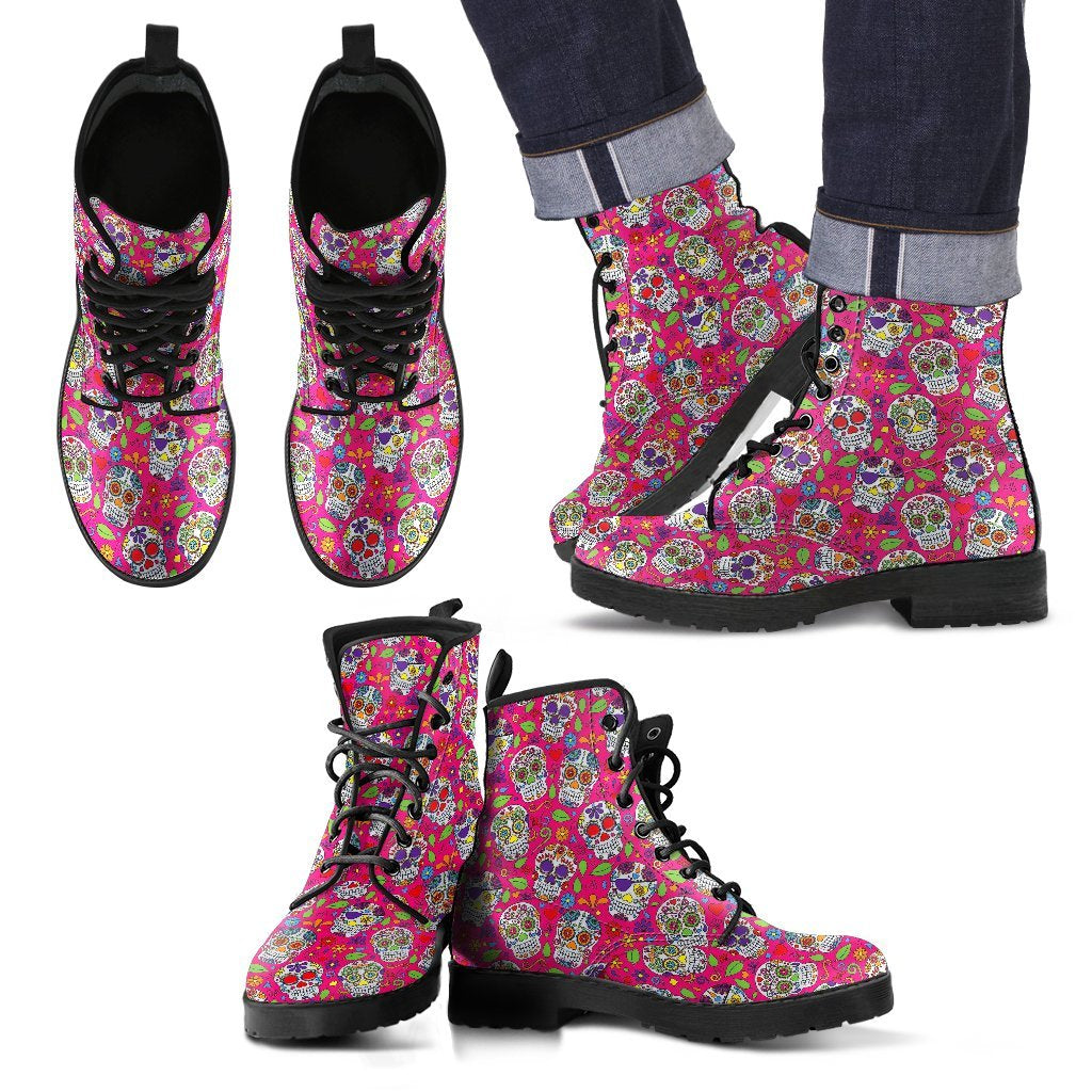 Sugar Skull Skeleton Girly Floral Pirate Pattern Print Men Women Leather Boots-grizzshop