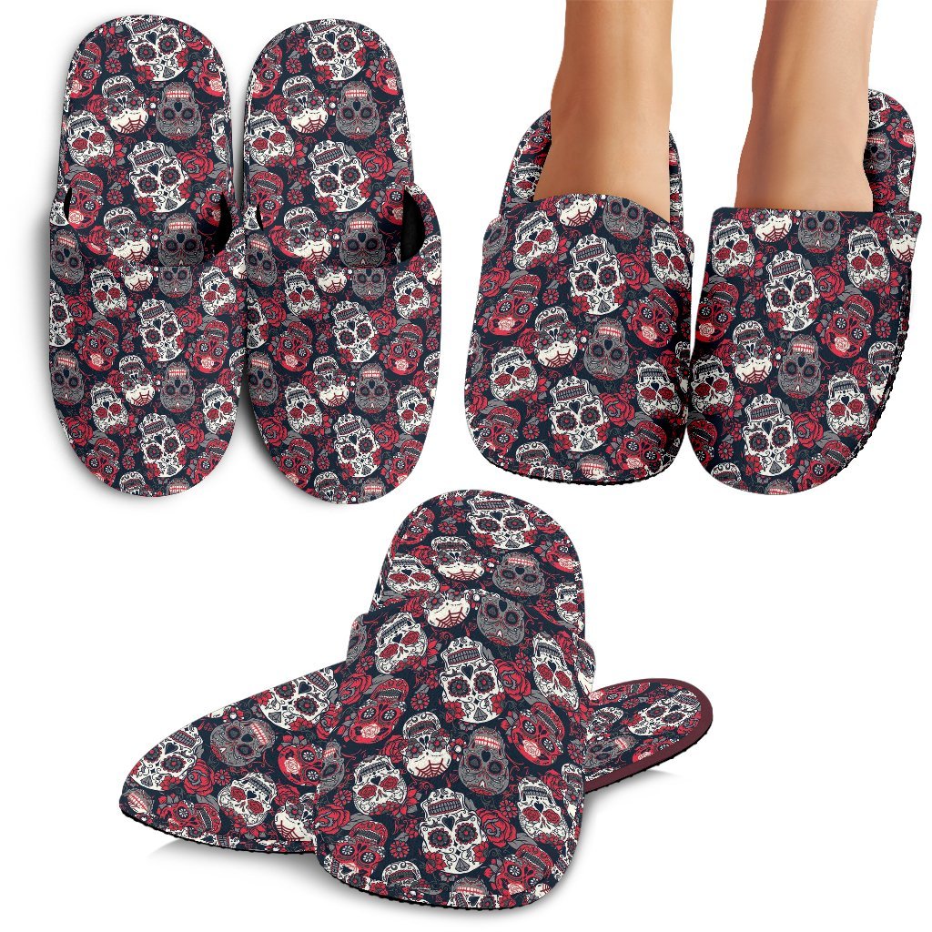 Sugar Skull Skeleton Girly Rose Floral Pattern Print Premium Home Slippers-grizzshop