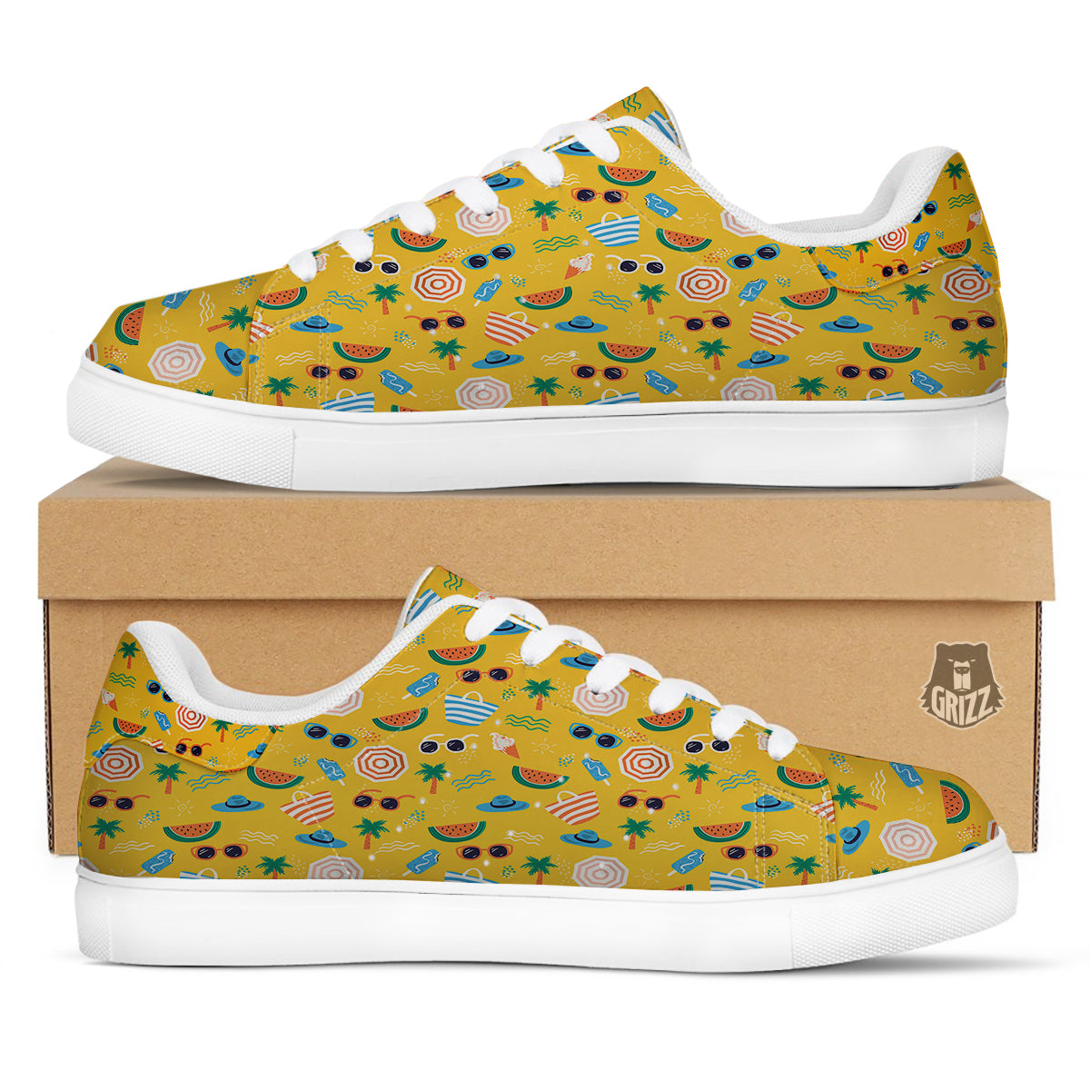 Summer Beach Drawing Print Pattern White Low Top Sneakers-grizzshop