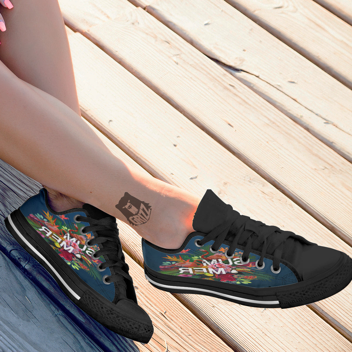 Summer Tropical Birds And Flowers For Travel Print Black Low Top Shoes-grizzshop