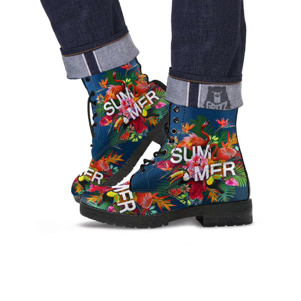 Summer Tropical Birds And Flowers For Travel Print Leather Boots-grizzshop