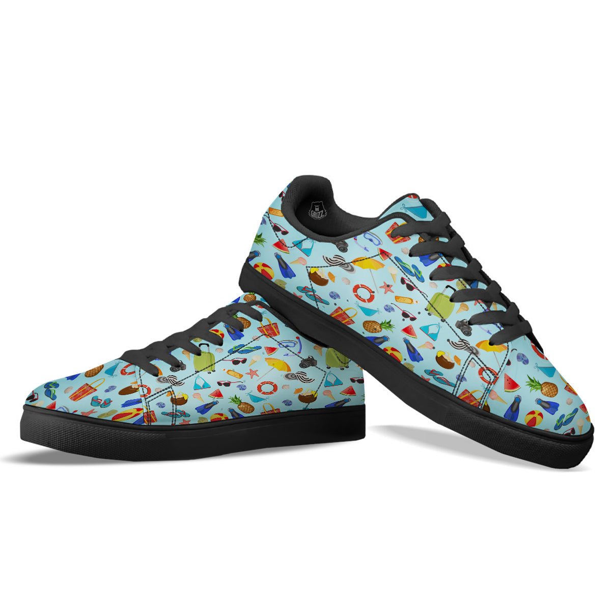 Summer Vacation Travel Print Pattern Black Low Top Sneakers-grizzshop