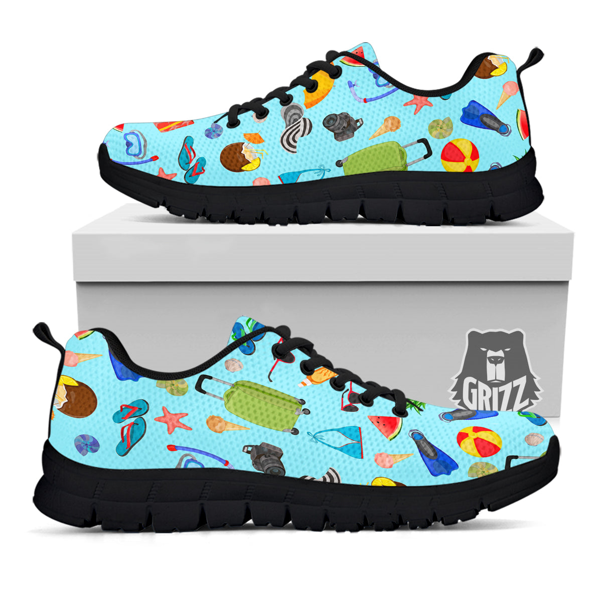 Summer Vacation Travel Print Pattern Black Sneaker-grizzshop
