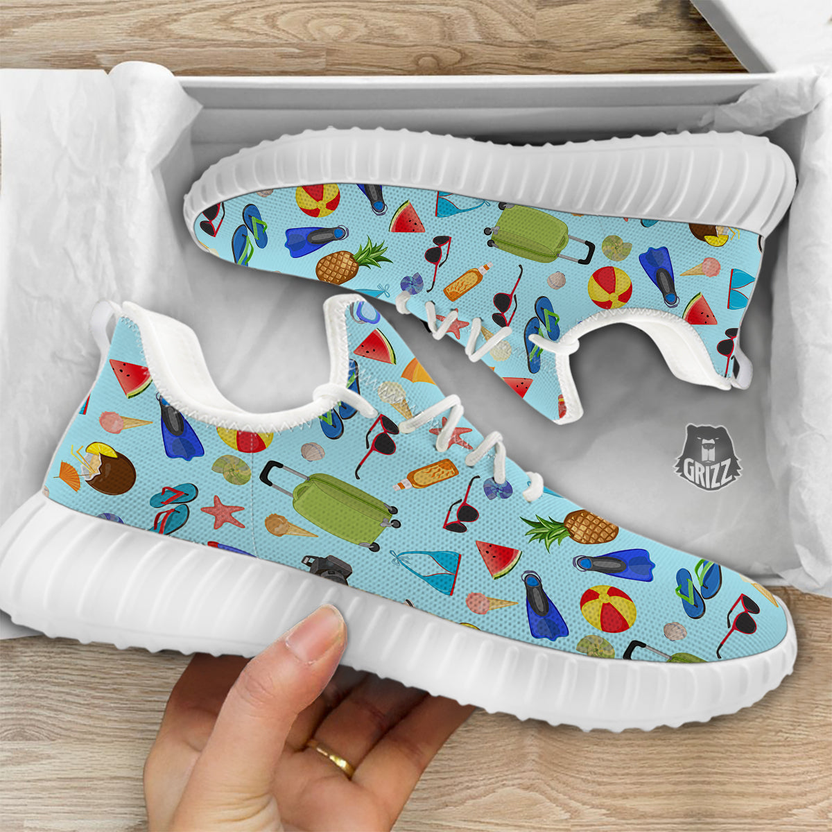 Summer Vacation Travel Print Pattern White Walking Shoes-grizzshop