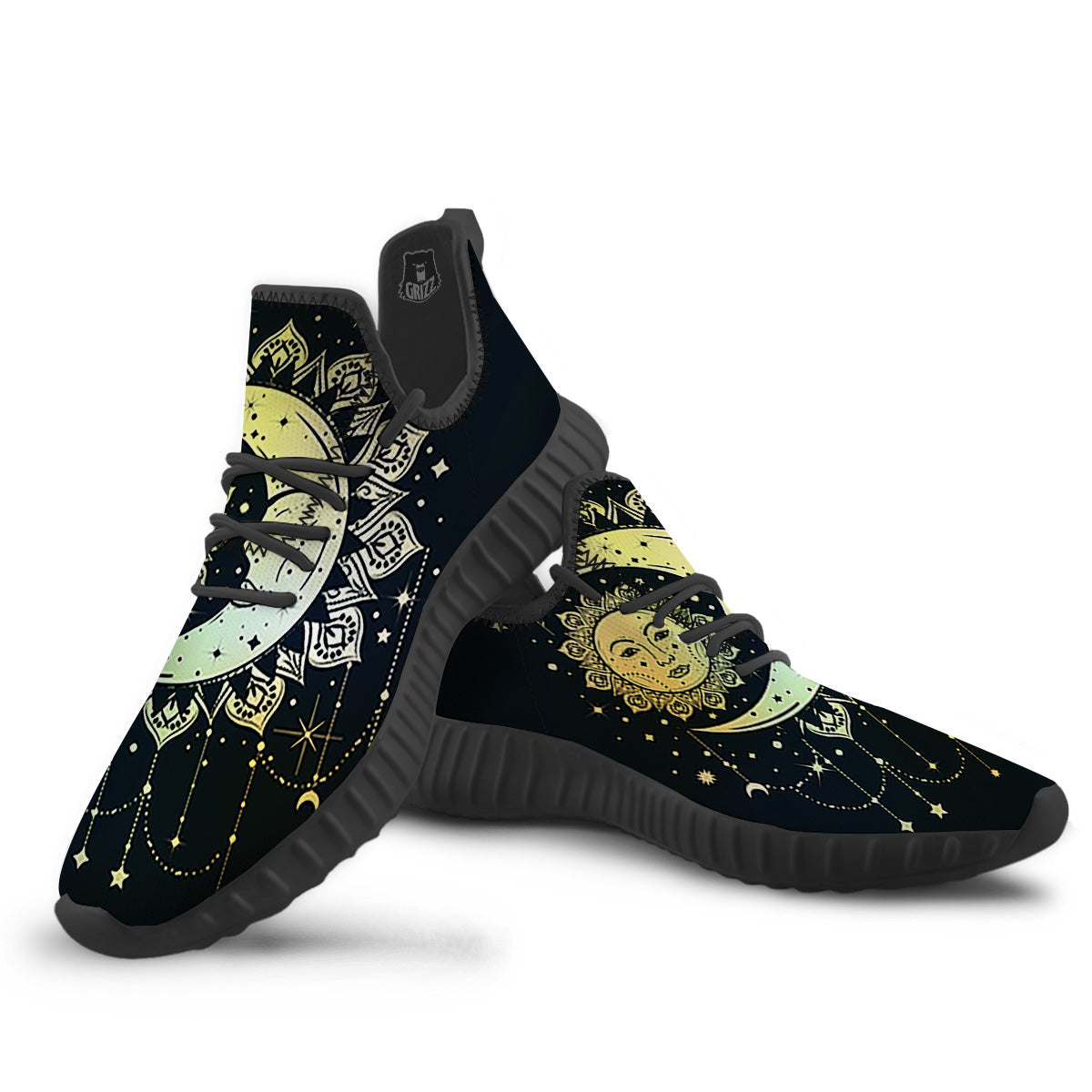 Sun And Bohemian Moon Print Black Walking Shoes-grizzshop
