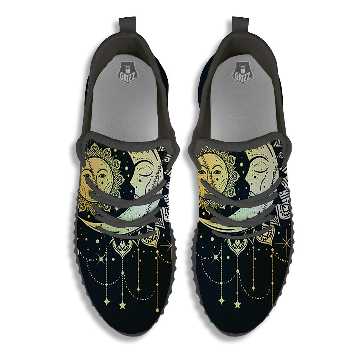 Sun And Bohemian Moon Print Black Walking Shoes-grizzshop