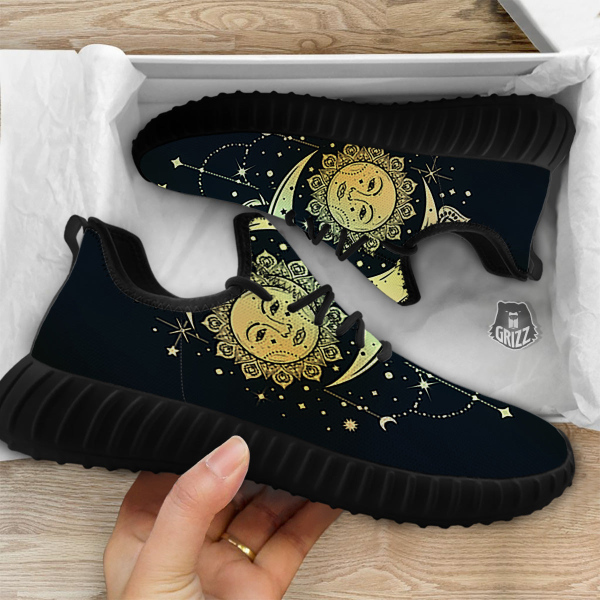 Sun And Bohemian Moon Print Black Walking Shoes-grizzshop