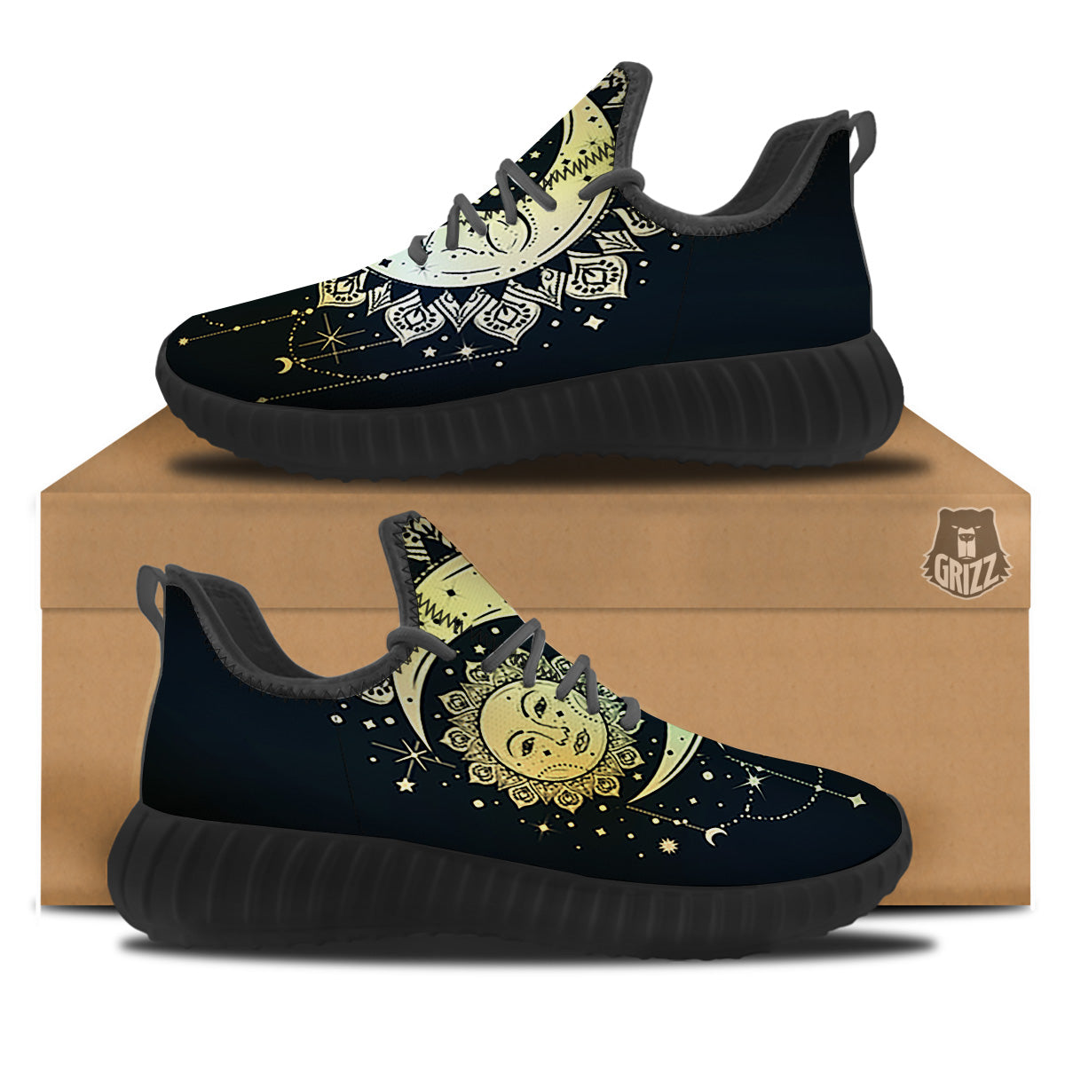 Sun And Bohemian Moon Print Black Walking Shoes-grizzshop