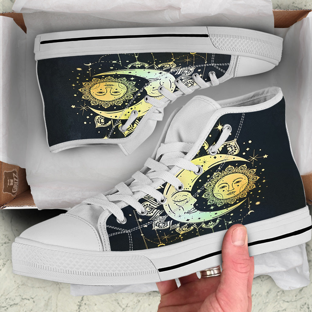 Sun And Bohemian Moon Print White High Top Shoes-grizzshop