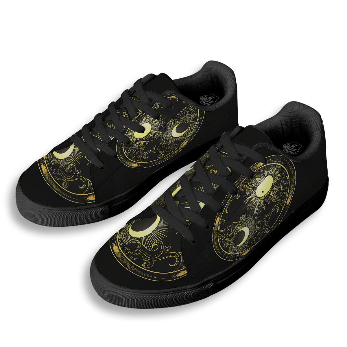 Sun And Gold Moon Print Black Low Top Sneakers-grizzshop