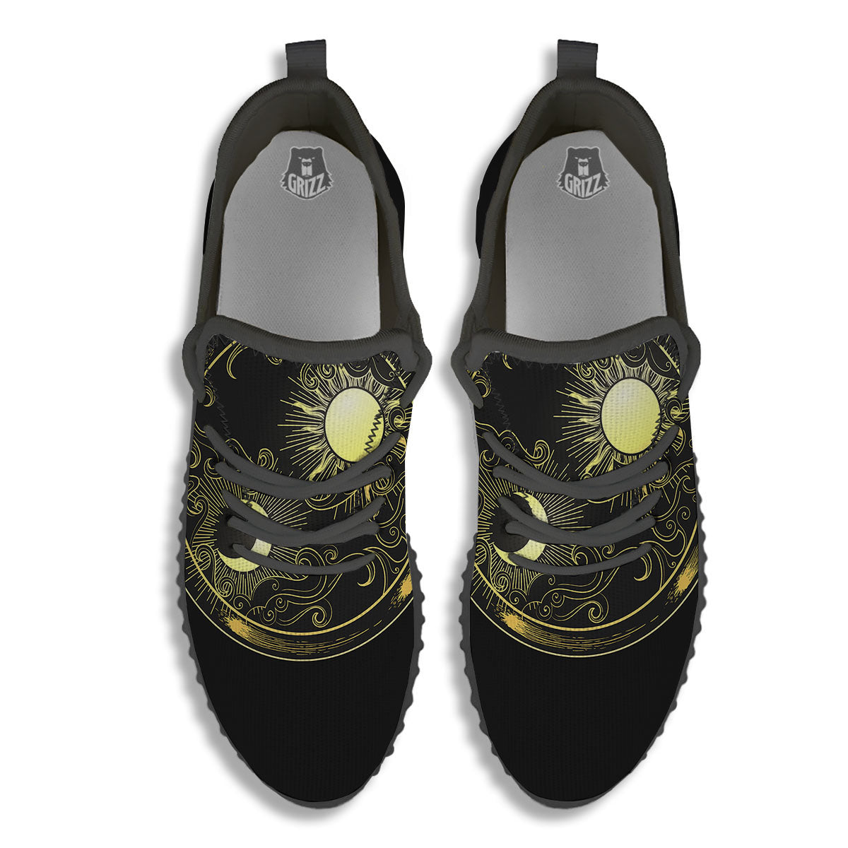 Sun And Gold Moon Print Black Walking Shoes-grizzshop