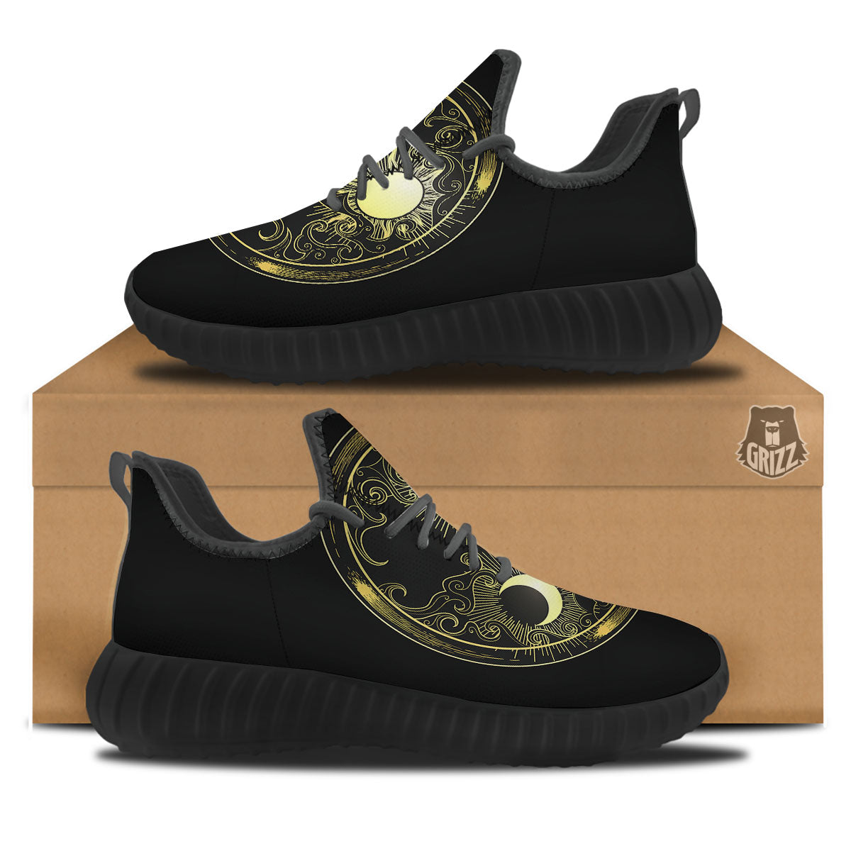 Sun And Gold Moon Print Black Walking Shoes-grizzshop